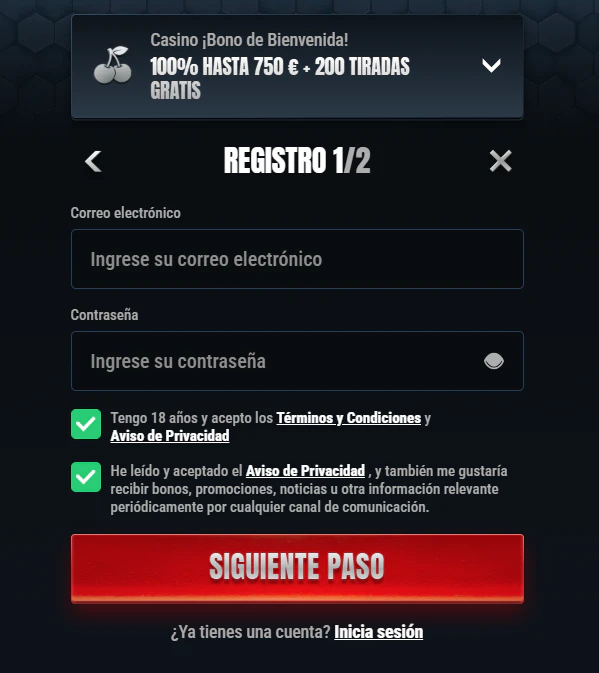 Registro de cuenta e inicio de sesión en Glorion Casino